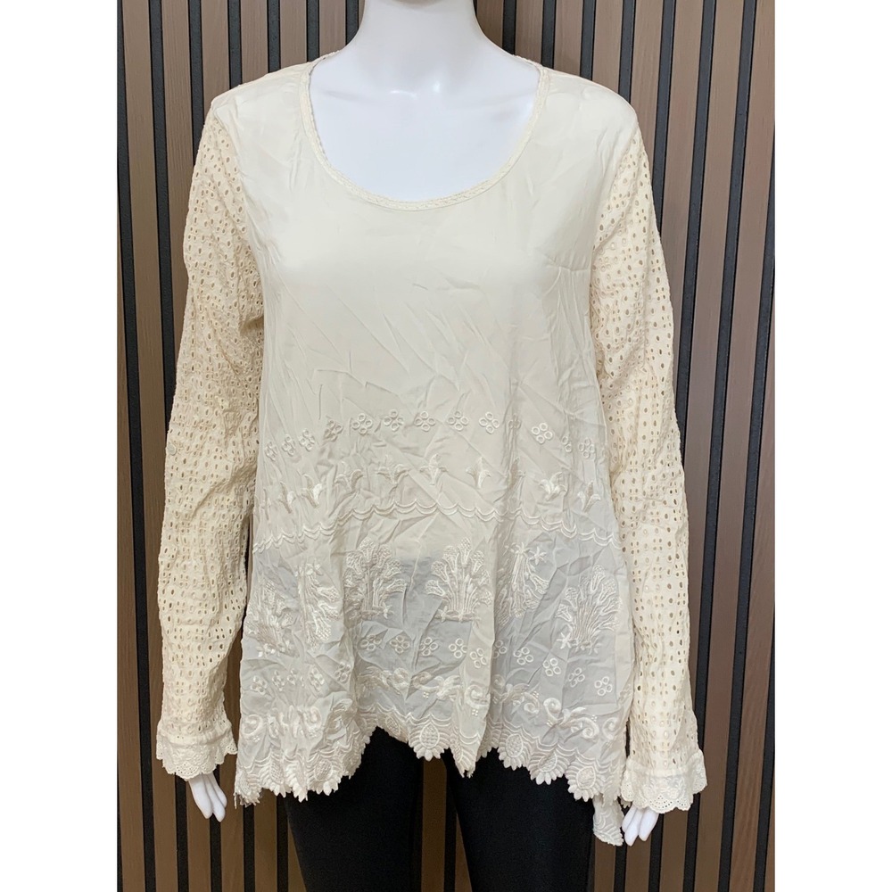 Sundance Embroidered Eyelet Lace Long Sleeve Blouse Cream Rayon Boho M Cottage